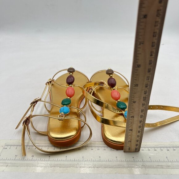 miss left Gold Chic Jewelled T-Strap Flat Gladiator Sandal Open Toe Buckled Shoe - Picture 4 of 7